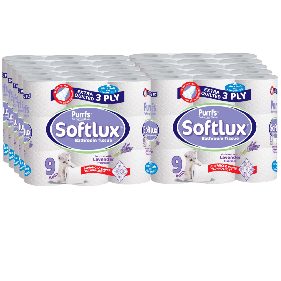 180 Rolls Softlux Purffs Lavender 3ply Bathroom Luxury Quilted Toilet Rolls (20*9pk) 180 Rolls Softlux Purffs Lavender 3ply Bathroom Luxury Quilted Toilet Rolls (20*9pk)